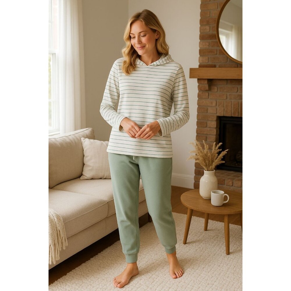 Max & Mia M 2 Piece Stripe Waffle Knit Top Lounge Set Hoodie Shirt Jogger Pants